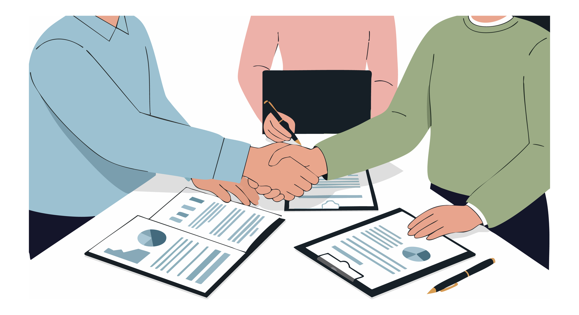 Business handshake agreement with contract papers and pen signing illustration vector